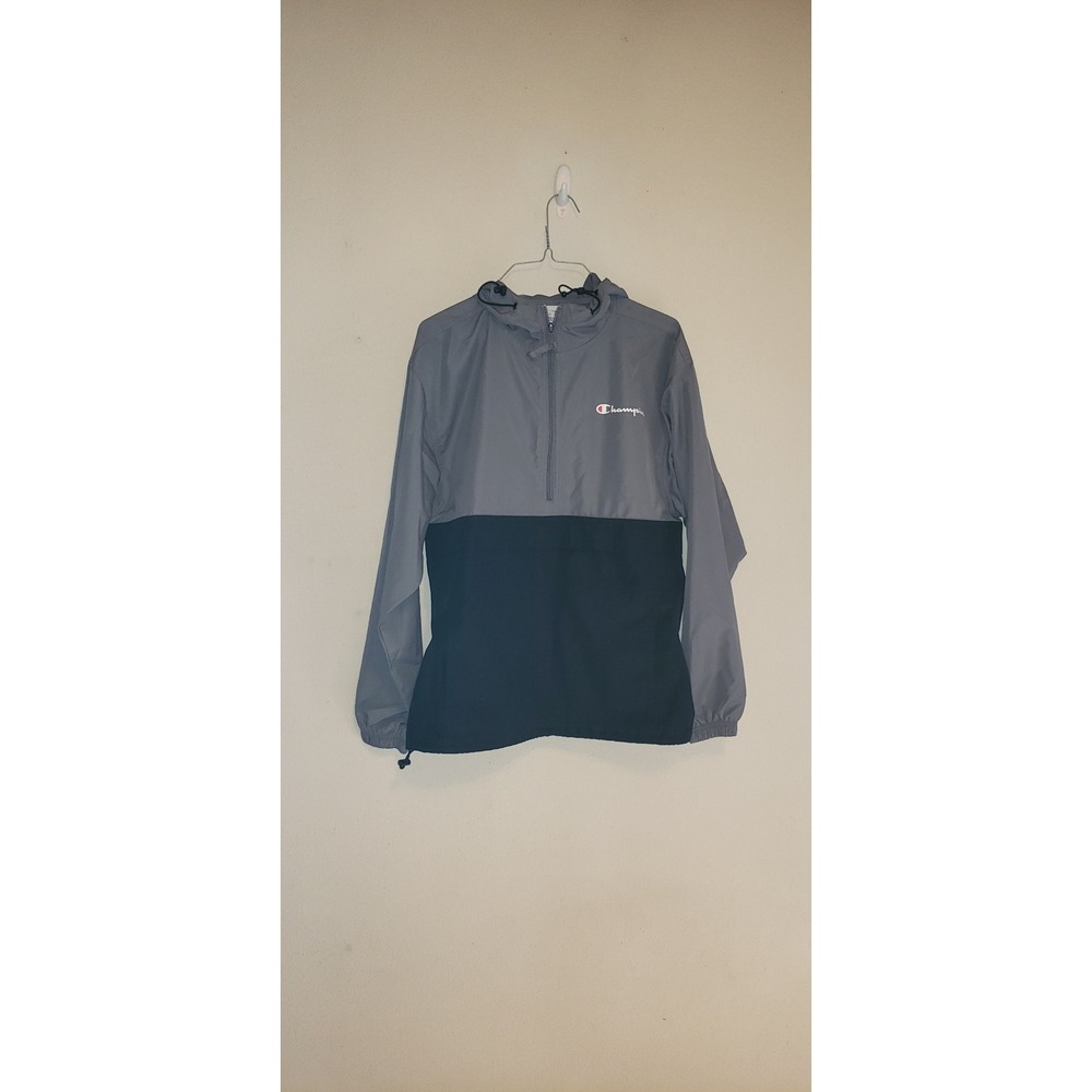 Champion Mens Packable Anorak Windbreaker Jacket Grey Black Colorblock Small